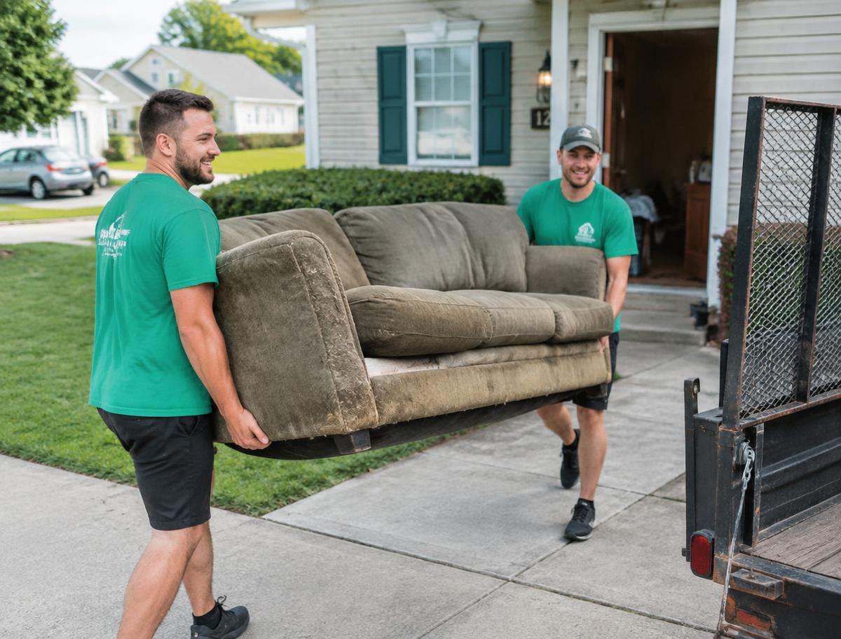 Two crew members carrying an old couch to the trailer
