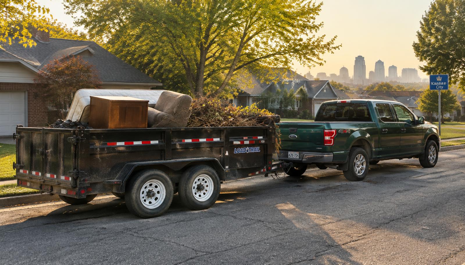 Pickup truck towing a dump trailer loaded with junk in Kansas City